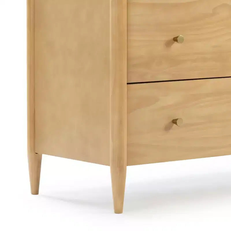 6-Drawer Solid Pine Dresser with Tapered Legs and Antique Brass Knobs