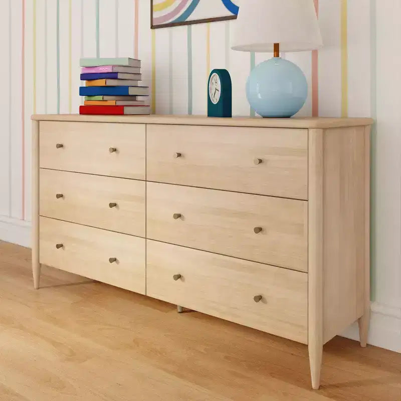 6-Drawer Solid Pine Dresser with Tapered Legs and Antique Brass Knobs
