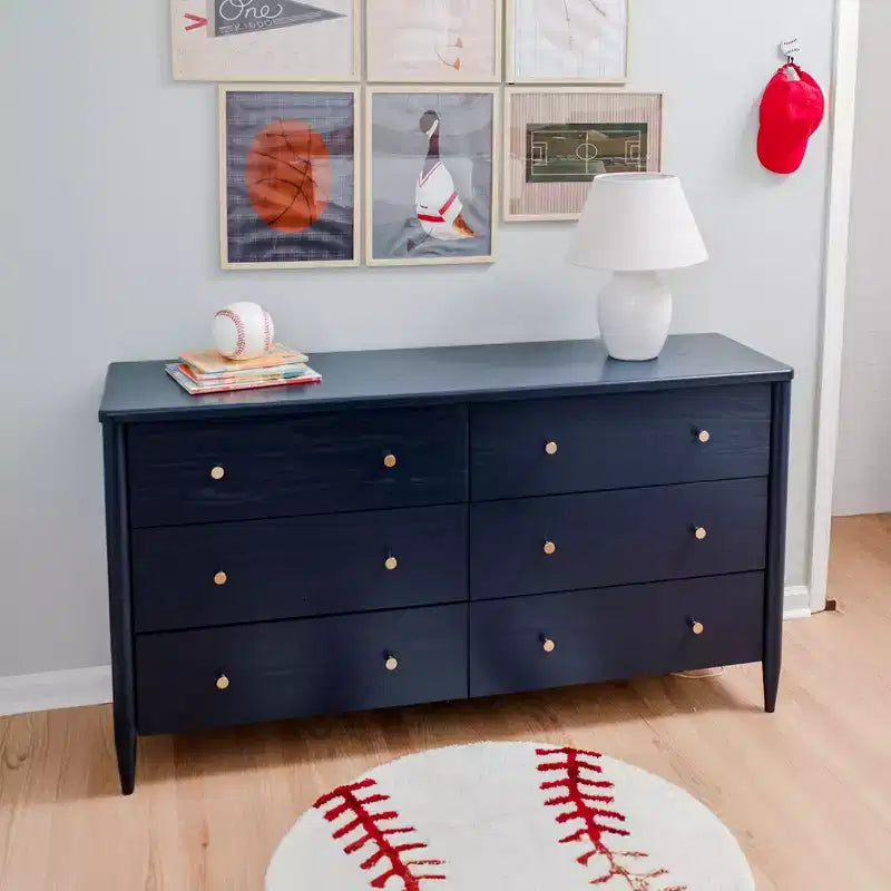 6-Drawer Solid Pine Dresser with Tapered Legs and Antique Brass Knobs