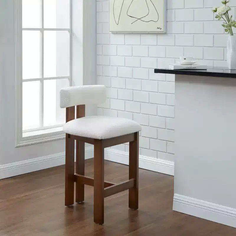 Ivory White Boucle Upholstered Counter Stool – Backless Bar Stool with Solid Wood Legs for Kitchen and Dining