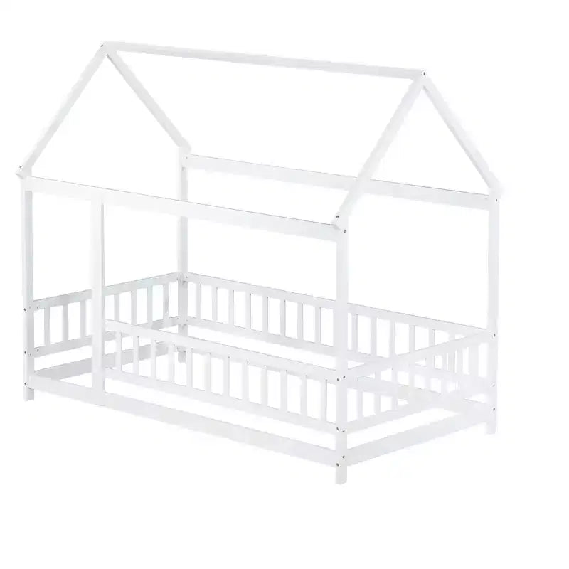 Twin Size House Style Floor Bed with Roof Frame and Fence