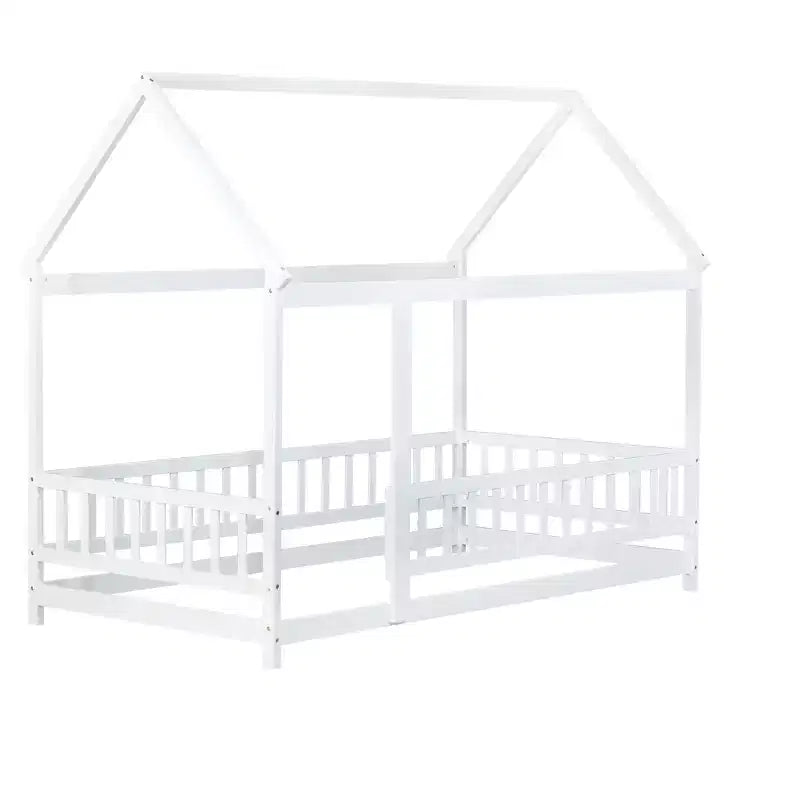Twin Size House Style Floor Bed with Roof Frame and Fence