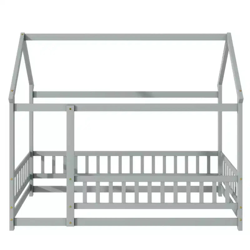 Twin Size House Style Floor Bed with Roof Frame and Fence