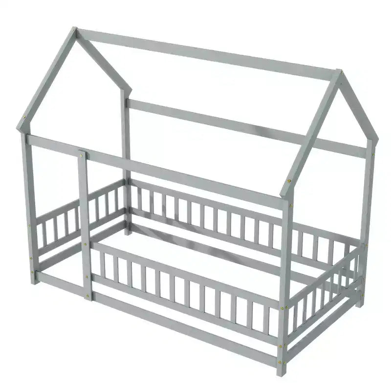 Twin Size House Style Floor Bed with Roof Frame and Fence
