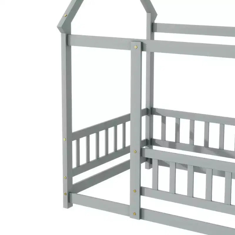 Twin Size House Style Floor Bed with Roof Frame and Fence