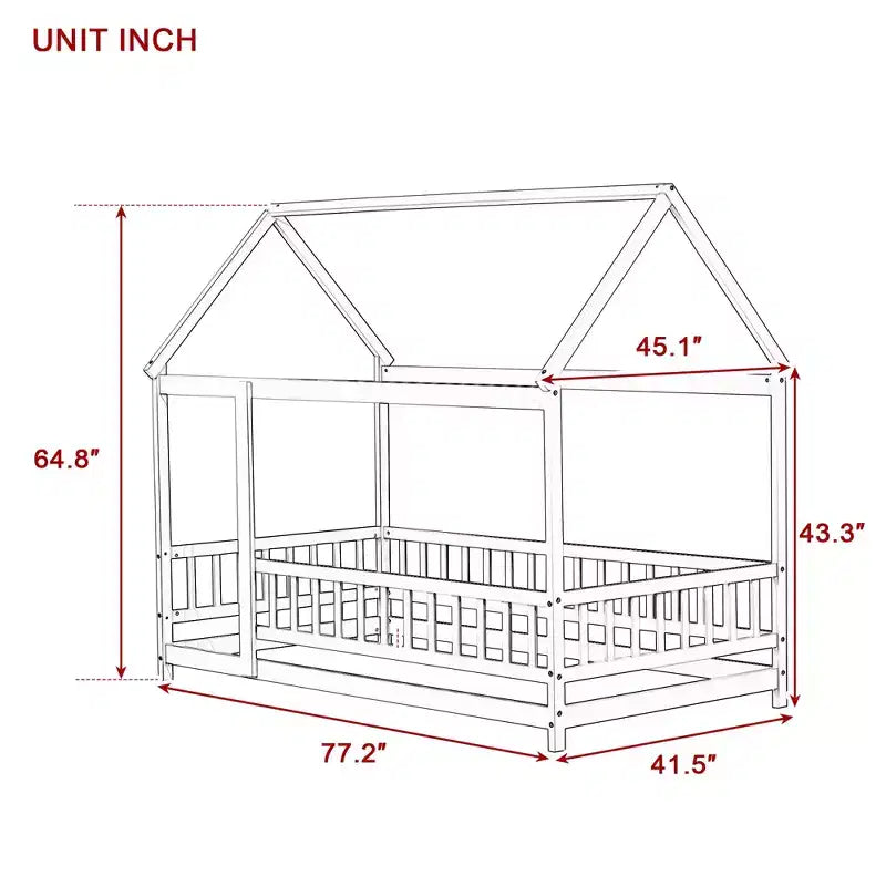 Twin Size House Style Floor Bed with Roof Frame and Fence