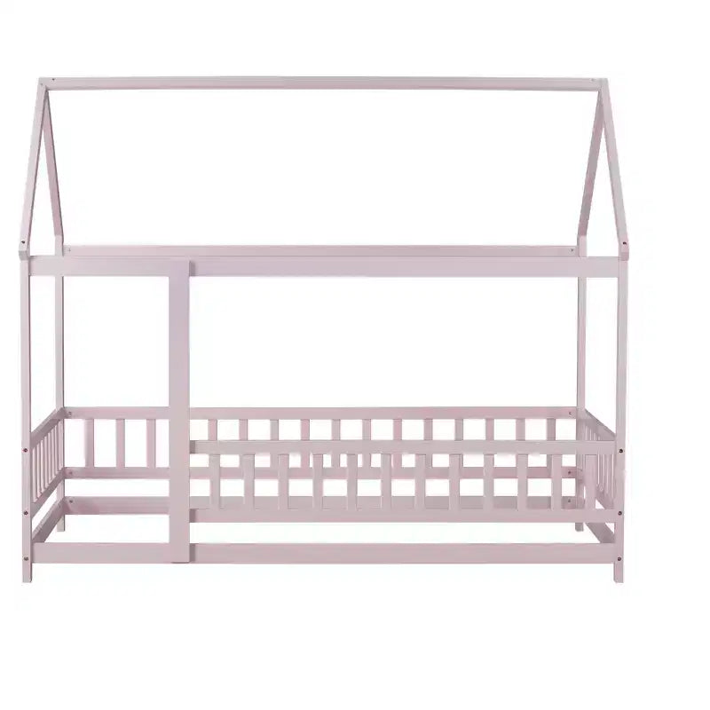 Twin Size House Style Floor Bed with Roof Frame and Fence