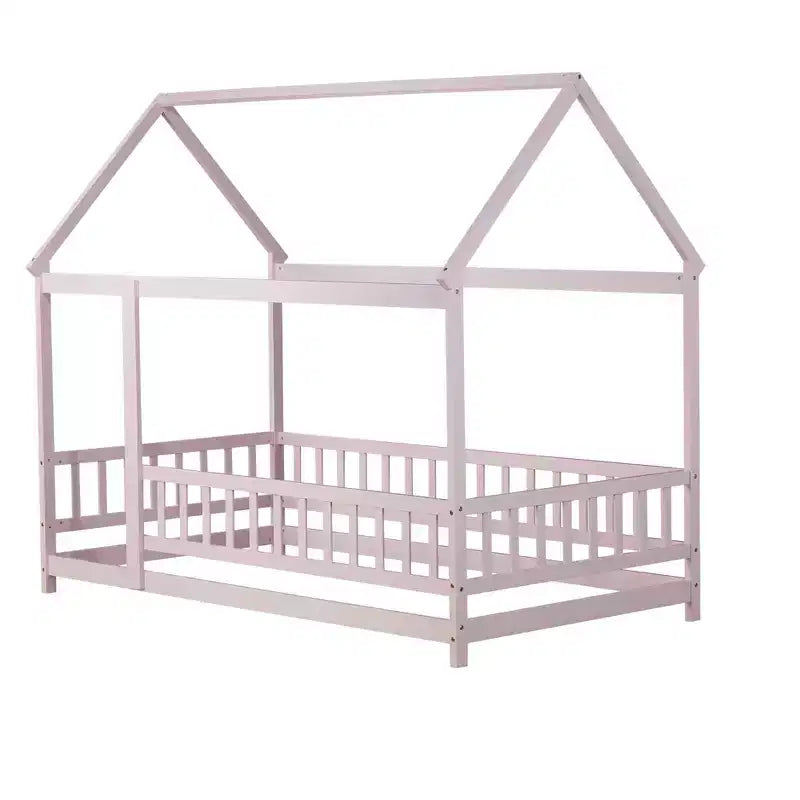 Twin Size House Style Floor Bed with Roof Frame and Fence