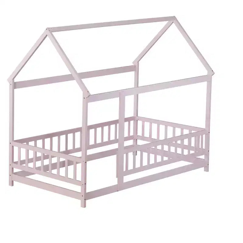 Twin Size House Style Floor Bed with Roof Frame and Fence