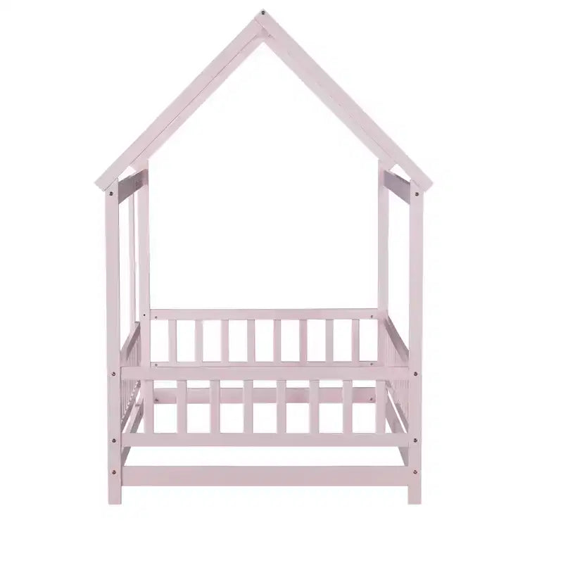 Twin Size House Style Floor Bed with Roof Frame and Fence