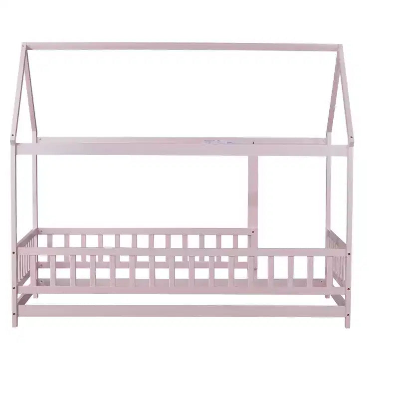 Twin Size House Style Floor Bed with Roof Frame and Fence
