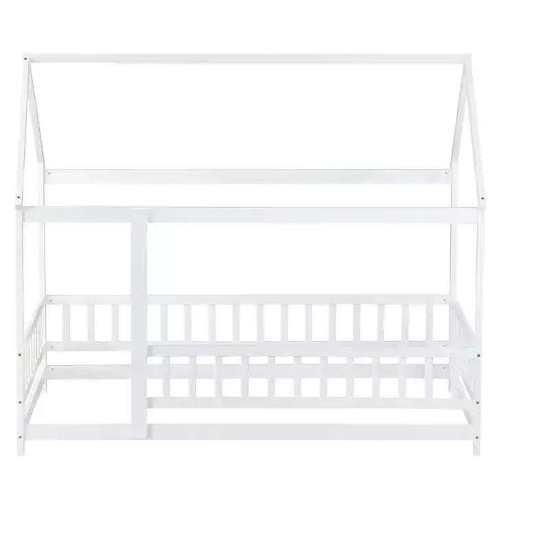 Twin Size House Style Floor Bed with Roof Frame and Fence