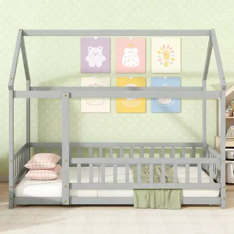 Luxystar Twin Size House Style Floor Bed with Roof Frame and Fence