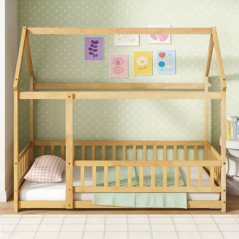 Twin Size House Style Floor Bed with Roof Frame and Fence