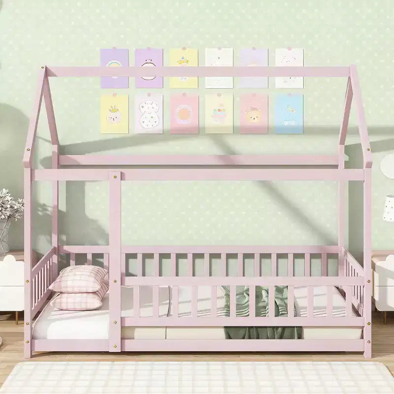 Twin Size House Style Floor Bed with Roof Frame and Fence