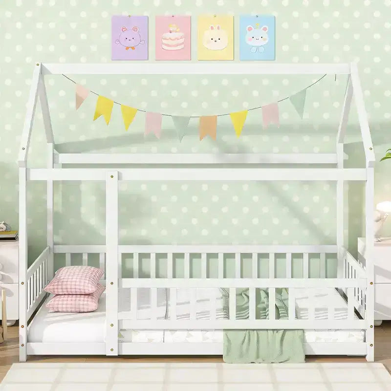 Twin Size House Style Floor Bed with Roof Frame and Fence