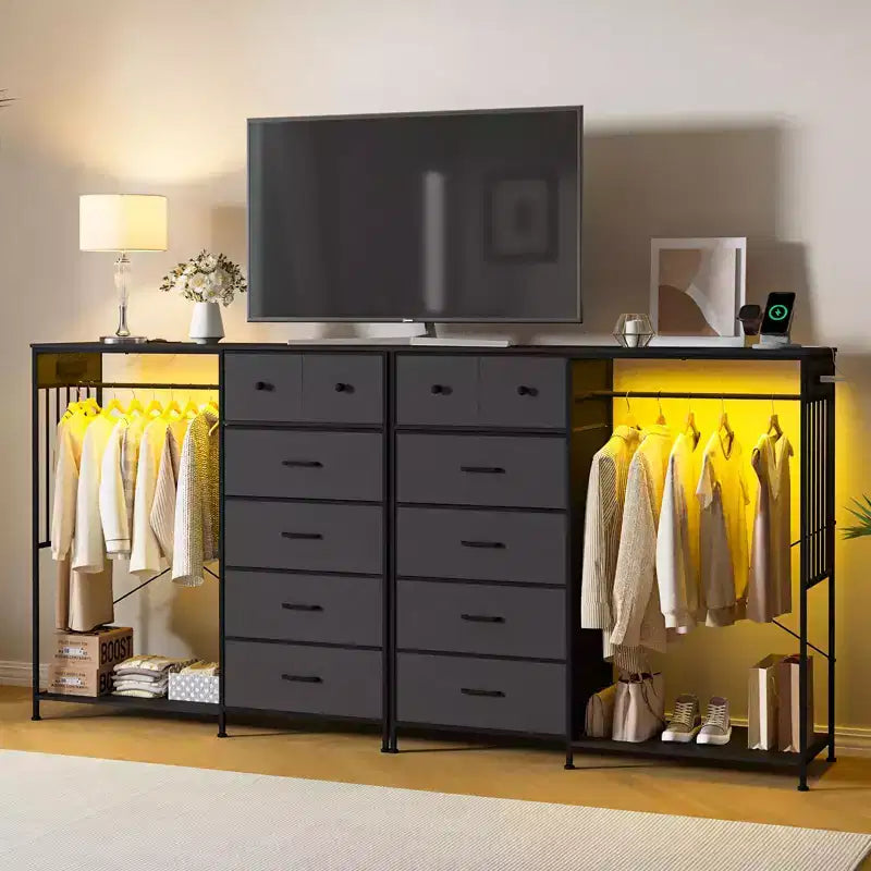 49 Wide Bedroom Dresser with Hanging Rack Reversible 6-Drawer Chest, LED Lights & USB Charging Station, Fabric Front Panels