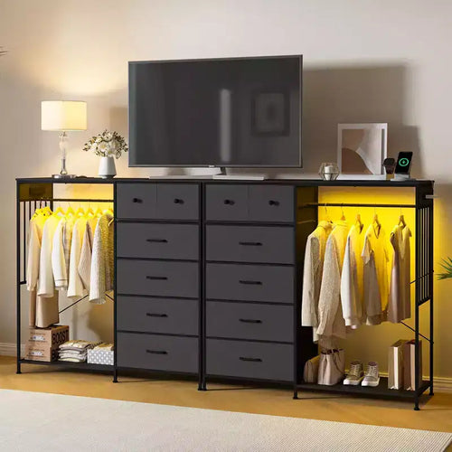 49 Wide Bedroom Dresser with Hanging Rack Reversible 6-Drawer Chest, LED Lights & USB Charging Station, Fabric Front Panels
