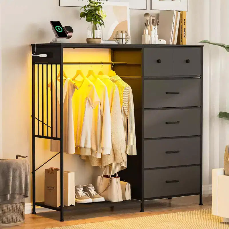 49 Wide Bedroom Dresser with Hanging Rack Reversible 6-Drawer Chest, LED Lights & USB Charging Station, Fabric Front Panels