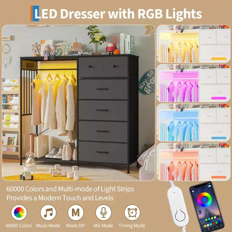 49 Wide Bedroom Dresser with Hanging Rack Reversible 6-Drawer Chest, LED Lights & USB Charging Station, Fabric Front Panels