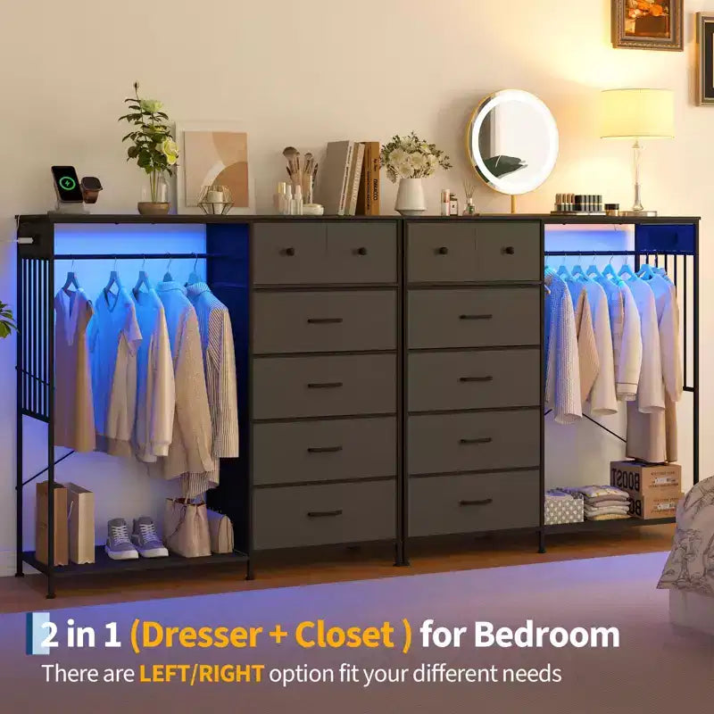 49 Wide Bedroom Dresser with Hanging Rack Reversible 6-Drawer Chest, LED Lights & USB Charging Station, Fabric Front Panels