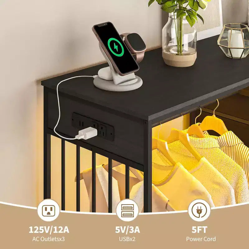 49 Wide Bedroom Dresser with Hanging Rack Reversible 6-Drawer Chest, LED Lights & USB Charging Station, Fabric Front Panels