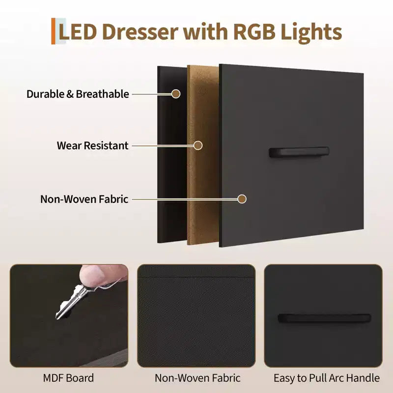 49 Wide Bedroom Dresser with Hanging Rack Reversible 6-Drawer Chest, LED Lights & USB Charging Station, Fabric Front Panels