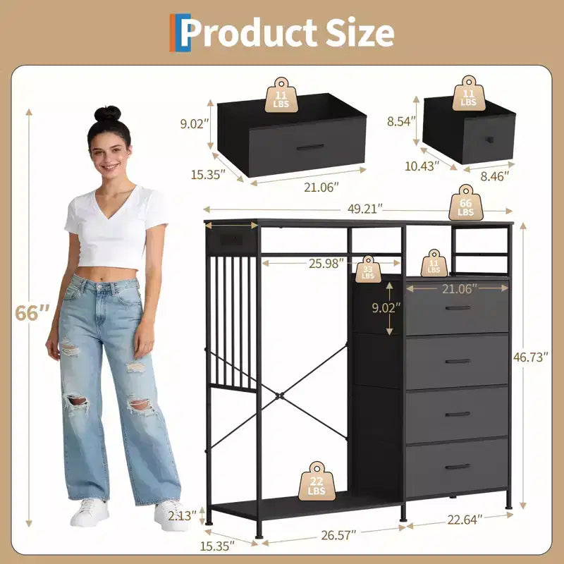 49 Wide Bedroom Dresser with Hanging Rack Reversible 6-Drawer Chest, LED Lights & USB Charging Station, Fabric Front Panels