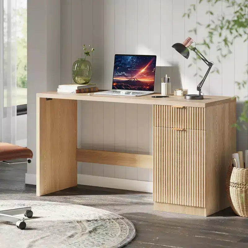 60 Fluted Executive Desk with Storage Cabinet - Modern Wood Office Desk with Drawers for Home Office Study Room - Natural Oak