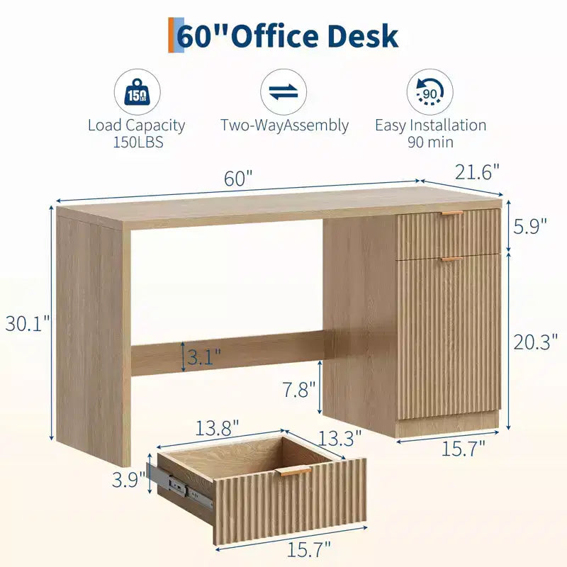 60 Fluted Executive Desk with Storage Cabinet - Modern Wood Office Desk with Drawers for Home Office Study Room - Natural Oak
