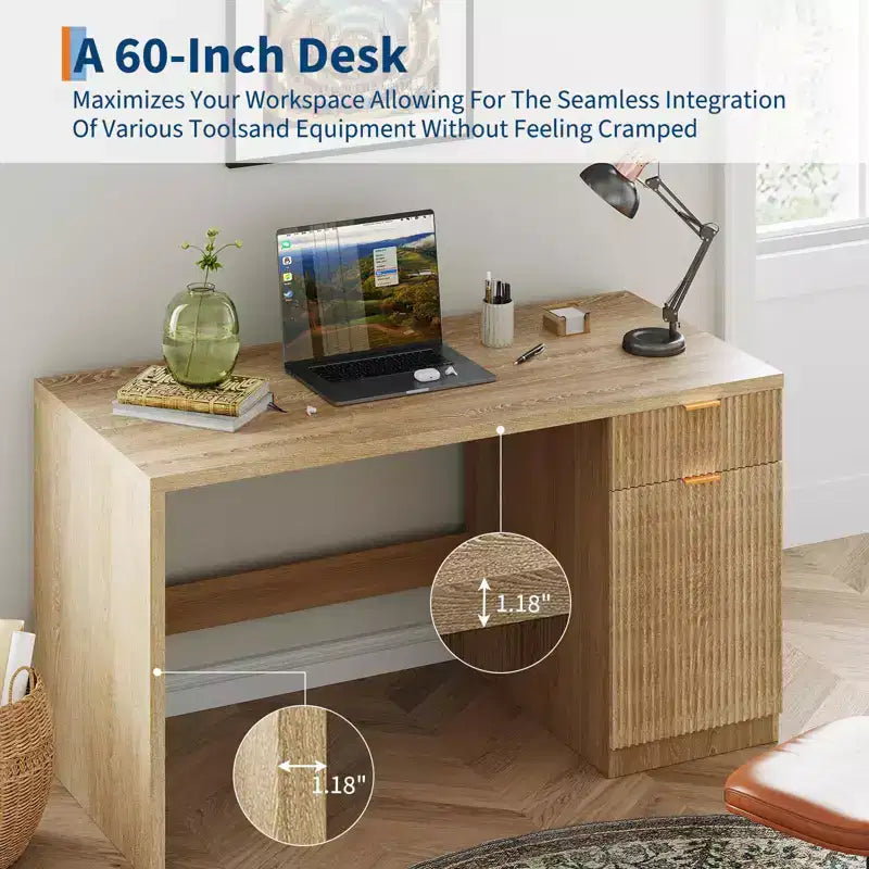 60 Fluted Executive Desk with Storage Cabinet - Modern Wood Office Desk with Drawers for Home Office Study Room - Natural Oak