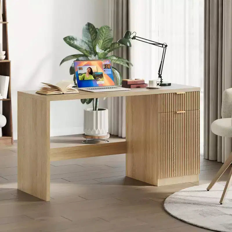 60 Fluted Executive Desk with Storage Cabinet - Modern Wood Office Desk with Drawers for Home Office Study Room - Natural Oak