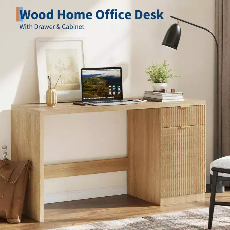 60 Fluted Executive Desk with Storage Cabinet - Modern Wood Office Desk with Drawers for Home Office Study Room - Natural Oak