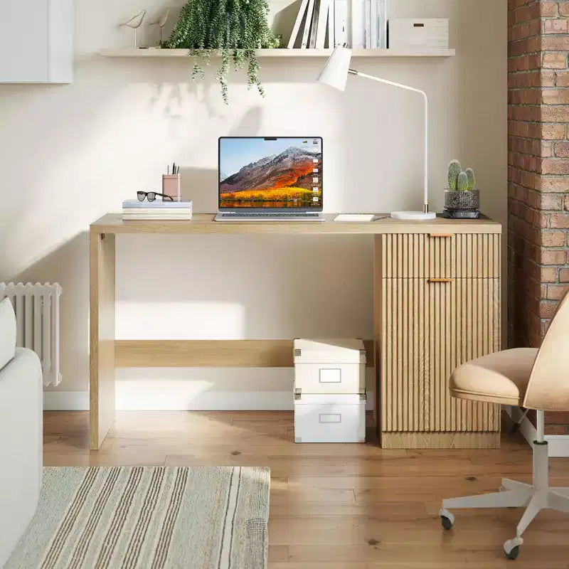 60 Fluted Executive Desk with Storage Cabinet - Modern Wood Office Desk with Drawers for Home Office Study Room - Natural Oak