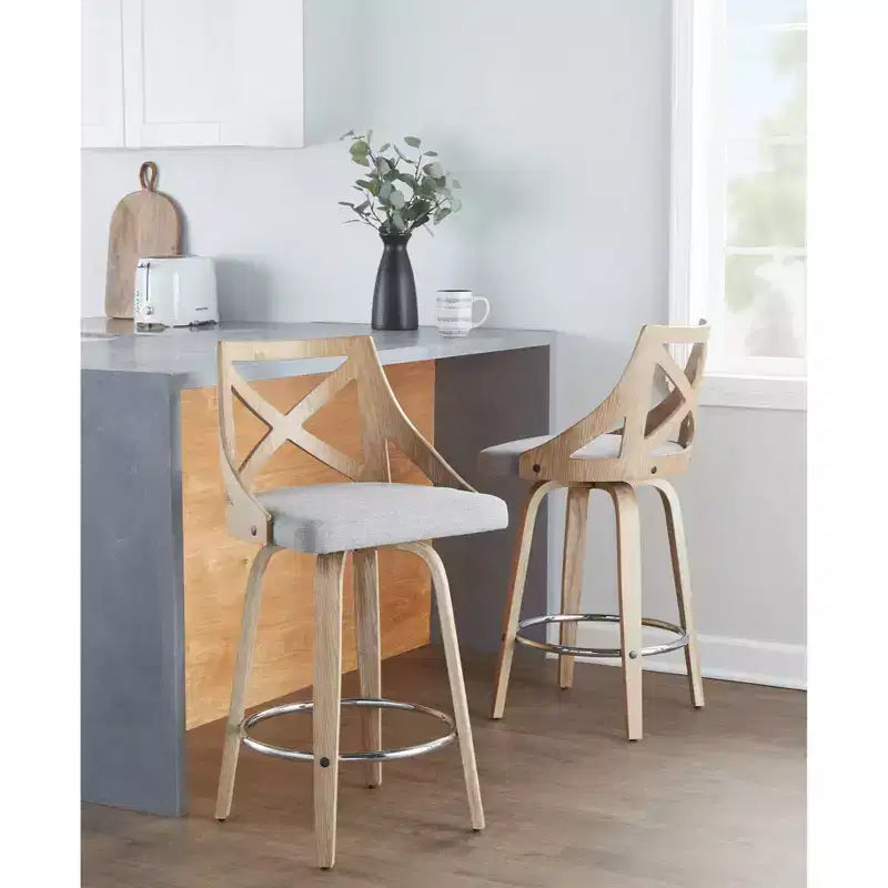 Counter Height Barstools White Wash/Light Gray, Upholstered Swivel, Wood Frame