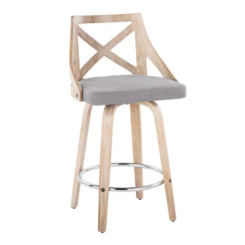 Counter Height Barstools White Wash/Light Gray, Upholstered Swivel, Wood Frame