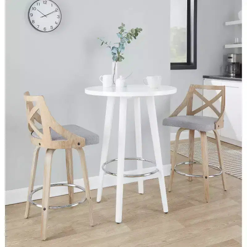 Counter Height Barstools White Wash/Light Gray, Upholstered Swivel, Wood Frame