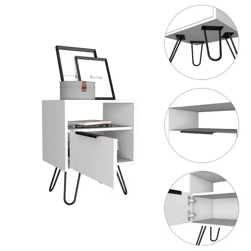 White Nightstand with Drawer and Open Shelf – Modern Bedside Table for Bedroom