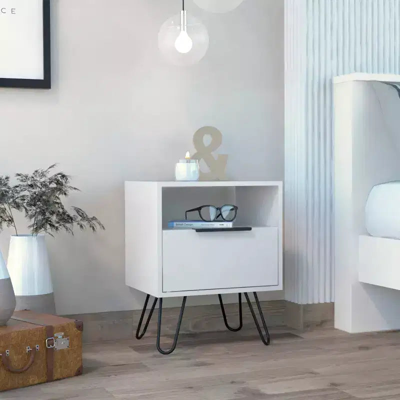 White Nightstand with Drawer and Open Shelf – Modern Bedside Table for Bedroom