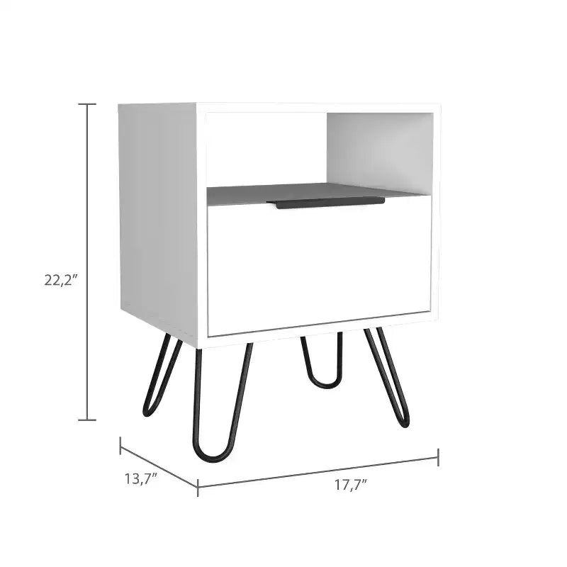 White Nightstand with Drawer and Open Shelf – Modern Bedside Table for Bedroom