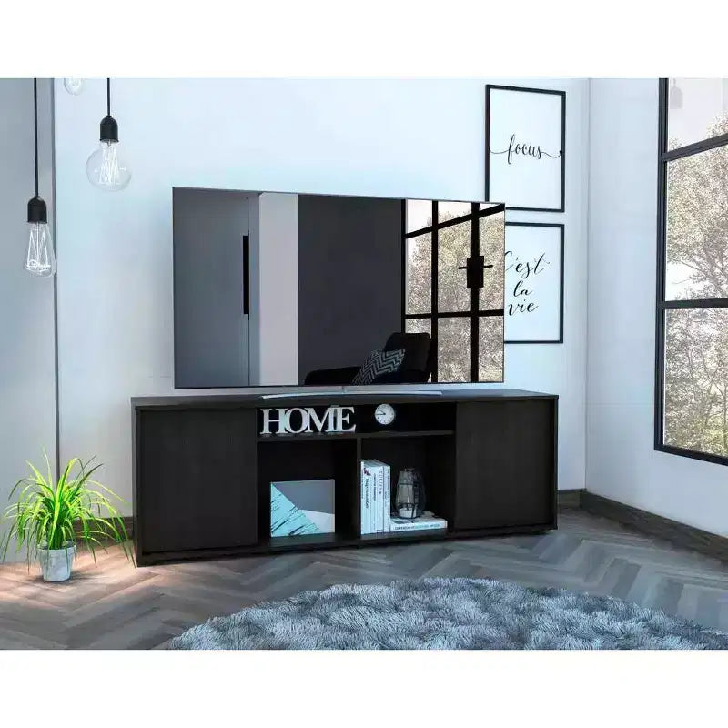Black TV Stand for TVs up to 60 Inch – Modern Media Console with Storage Cabinets and Open Shelves for Living Room