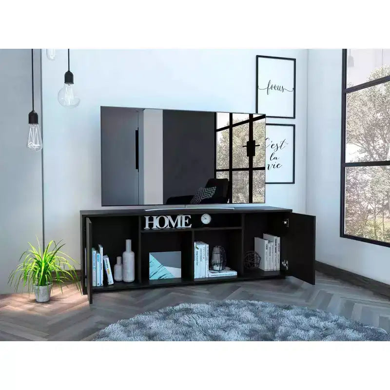 Black TV Stand for TVs up to 60 Inch – Modern Media Console with Storage Cabinets and Open Shelves for Living Room