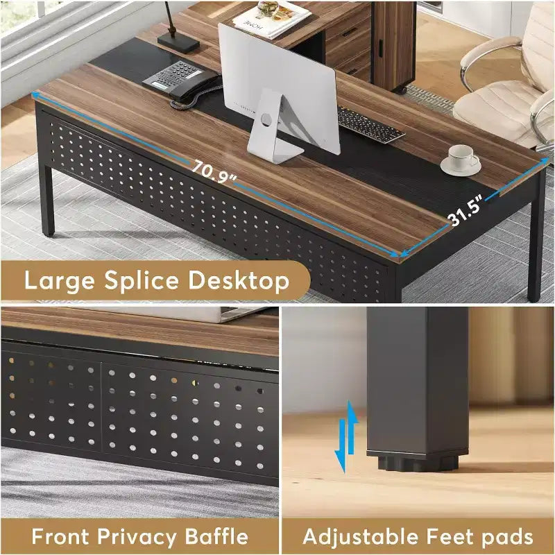 70.86 L-Shaped Executive Desk with File Cabinet