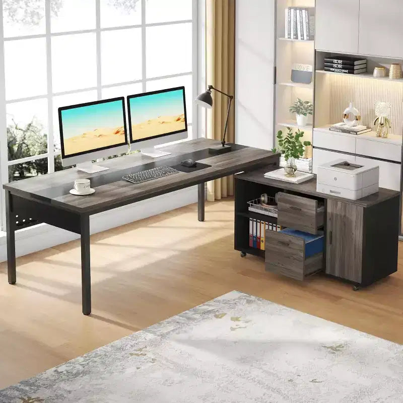 70.86 L-Shaped Executive Desk with File Cabinet