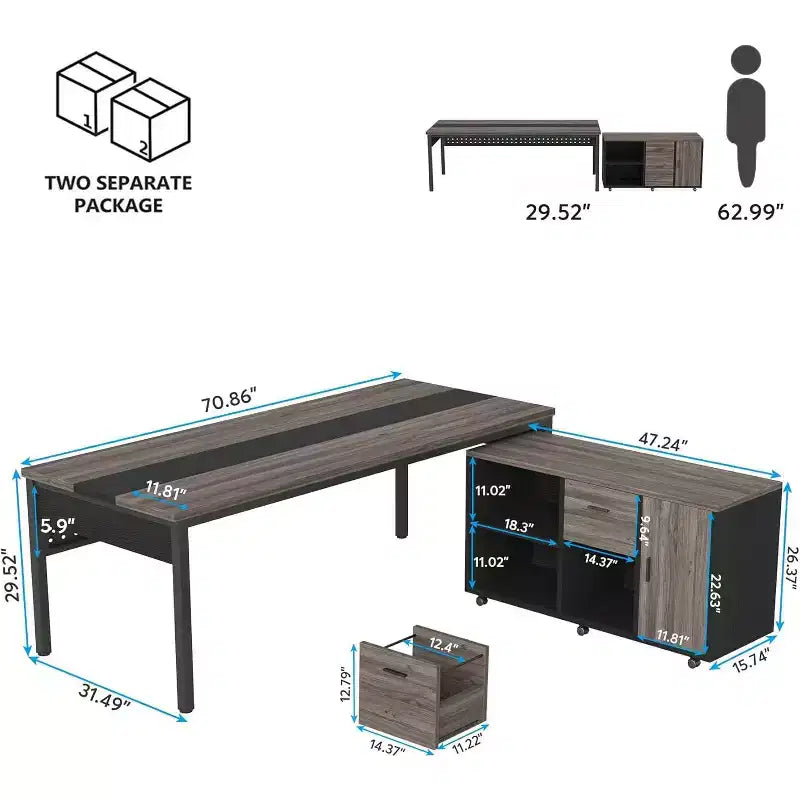 70.86 L-Shaped Executive Desk with File Cabinet